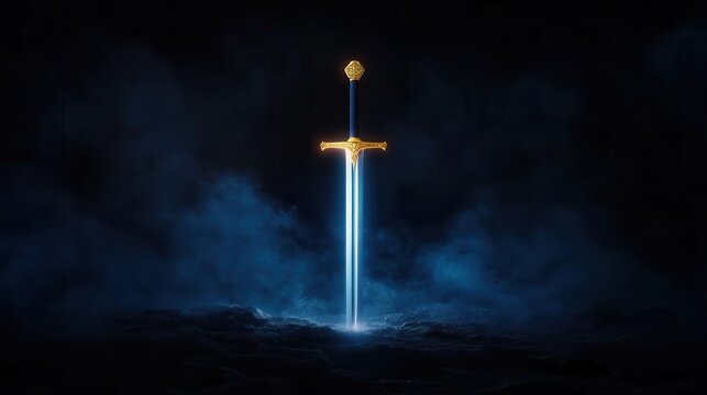 A glowing sword emerges from a mystical fog, symbolizing power and adventure in a fantasy realm.