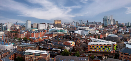 Aerial panorama of Leeds city centre with retail district and skyscrapers