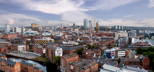 Aerial panorama of Leeds city centre with retail district and skyscrapers
