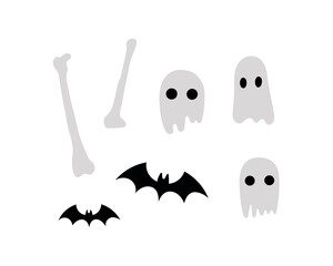 Vector Halloween illustration set. Hand drawn ghosts, bats and bones isolated on a white background