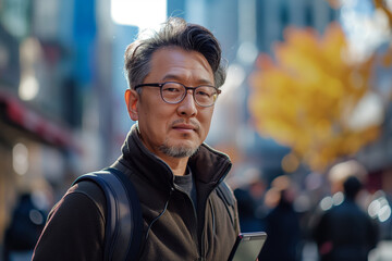 Fototapeta premium Confident middleaged man with smartphone. Portraying confidence and connectivity in an urban setting. Ideal for business, tech, and lifestyle content. For marketing, editorial, and advertising use