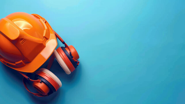 Safety gear for construction activity with hard hat and ear protection equipment on blue surface