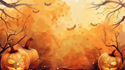 Spooky halloween greeting background featuring pumpkins and bat silhouettes in autumn colors