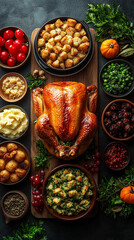 Flat lay photo, traditional thanksgiving dinner, food photo of bowls filled with thanks giving meal with roast turkey and other foods on a wooden table
