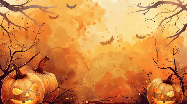Spooky halloween greeting background featuring pumpkins and bat silhouettes in autumn colors