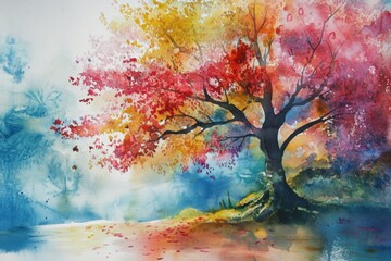 Watercolor painting of a colorful autumn tree in a serene landscape with falling leaves.