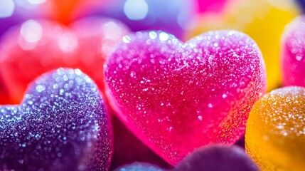 Fototapeta premium A bunch of colorful heart shaped candies with water droplets on them