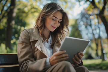 Fototapeta premium Young woman reading tablet in park. A serene setting perfect for illustrating leisure, technology, and relaxation in an outdoor environment. Ideal for lifestyle, tech, and naturerelated content.