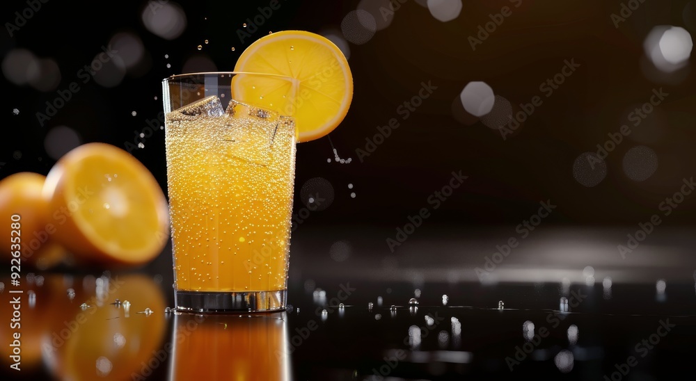 Poster refreshing citrus drink with ice surrounded by oranges in dimly lit setting