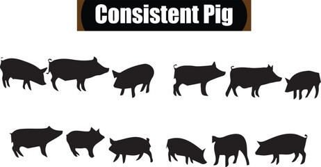 Consistent Pig Flat Black Silhouette Vector Art Bundle