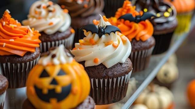 Close up of halloween themed cupcakes decorated with fun toppers in autumn setting