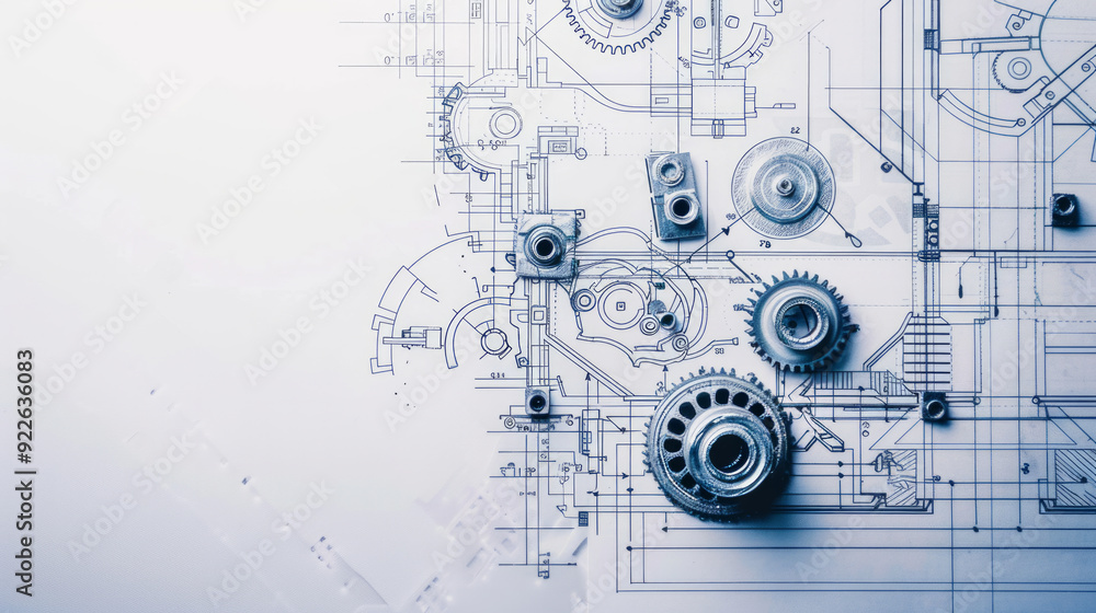 Poster detailed engineering blueprint with gears and components on a clean workspace background
