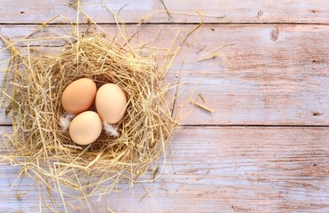 Chicken nest over a rustic wooden table with eggs.Focus on eggs with slight blurred background.