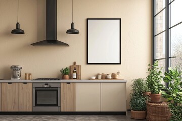 Minimalist Kitchen interior with Poster Mockup created with Generative AI