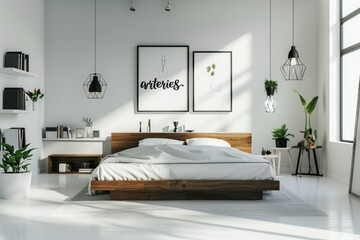 Experience the elegance of Scandinavian design in a serene bedroom, featuring striking black and white decor and modern wall art that creates a harmonious and inviting atmosphere