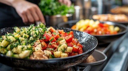 Fototapeta premium Fresh vegetable preparation in a busy kitchen at lunchtime