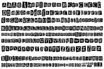 Anonymous gray and black Paper Cut out ransom vector letters alphabet. Blackmail Ransom Kidnapper Note Font English Letters, Numbers, punctuation marks. Collage trendy style criminal Detective letters