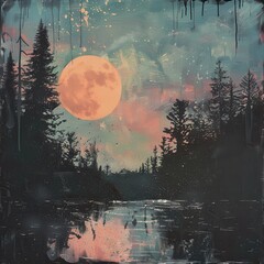 A digital painting of a full moon rising over a silhouetted forest with a reflective lake in the foreground
