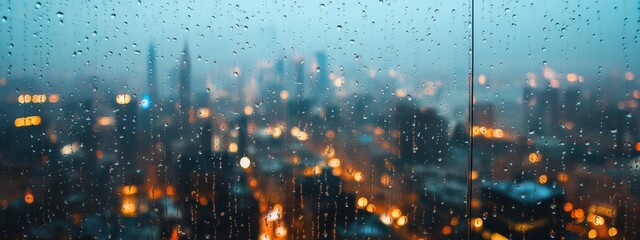 view of the city from the window during the rain. Panoramic view of blurred cityscape and raindrops, blurred city. copy space