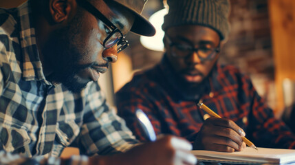Fototapeta premium Two men collaborating on journal entries in a cozy cafe during the evening