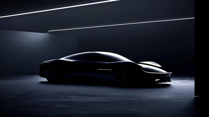 A striking silhouette of a sleek, highperformance sports car is captured in an artistic manner