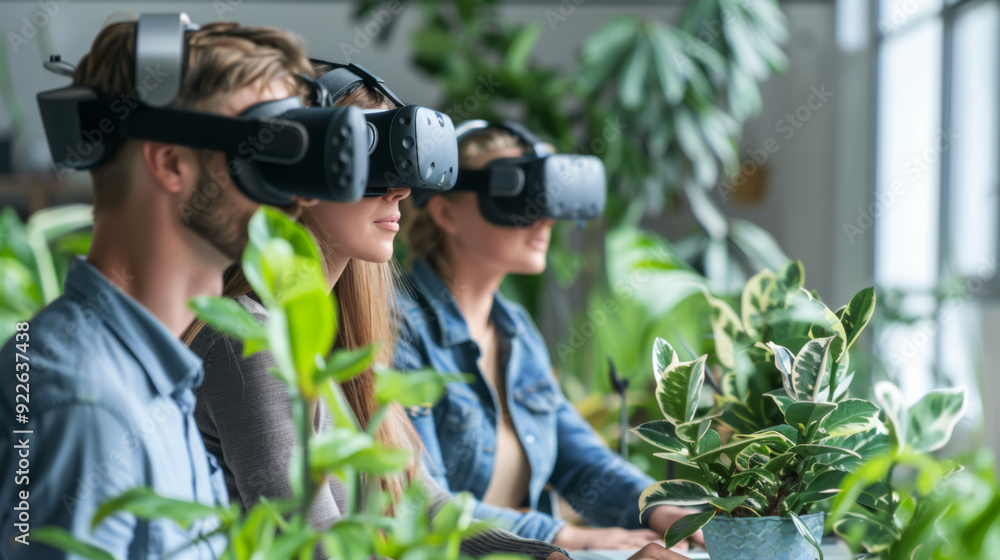 Poster team collaborating on innovative concepts using virtual reality technology in a green workspace