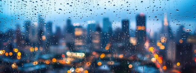 Obraz premium view of the city from the window during the rain. Panoramic view of blurred cityscape and raindrops, blurred city. copy space