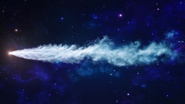 A bright comet streaks across a star-filled night sky, leaving a glowing trail.