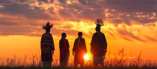 Majestic Native American in Traditional Attire Standing Before the Sky, Embracing the Heritage and Unity of Indigenous Cultures.