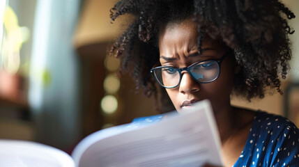 Woman analyzing legal documents with concern in a cozy living room setting