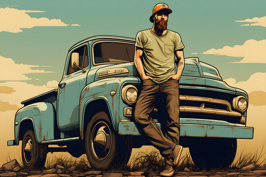 illustration of a trucker standing next to his pickup truck, redneck
