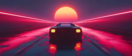 Futuristic Sports Car on Neon-Lit Highway at Sunset. Generative AI
