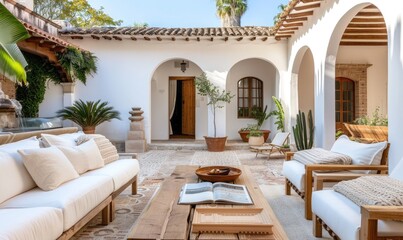 Closed Mexican Patio with Ceramic Tile Floor, Arched Door, Fountain, and Cream-Colored Furnishings in Natural Light