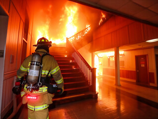 A firefighter is walking down a staircase in a burning building. The fire is intense and the firefighter is wearing a fire suit