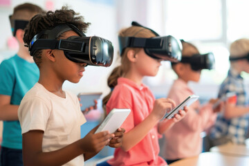 Children engage in virtual reality experiences, using headsets and devices in an educational environment.