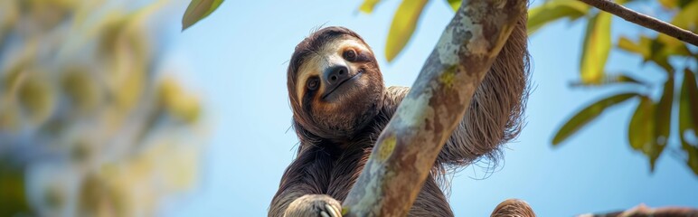 The sloth slowly descends from the tree, its long claws clinging to the branches