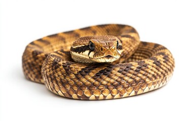 Obraz premium A full body photo of an eastern diamondback rattlesnake isolated on white background, no text or images in the picture. 