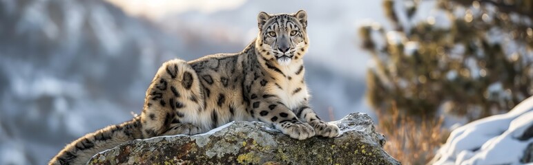 Fototapeta premium The snow leopard is sitting on a rock, its fur merges with the snow-covered background