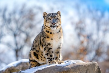 Fototapeta premium The snow leopard is sitting on a rock, its fur merges with the snow-covered background