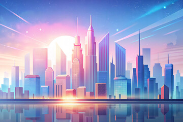 Obraz premium Morning city against the backdrop of the rising sun, AI Generation