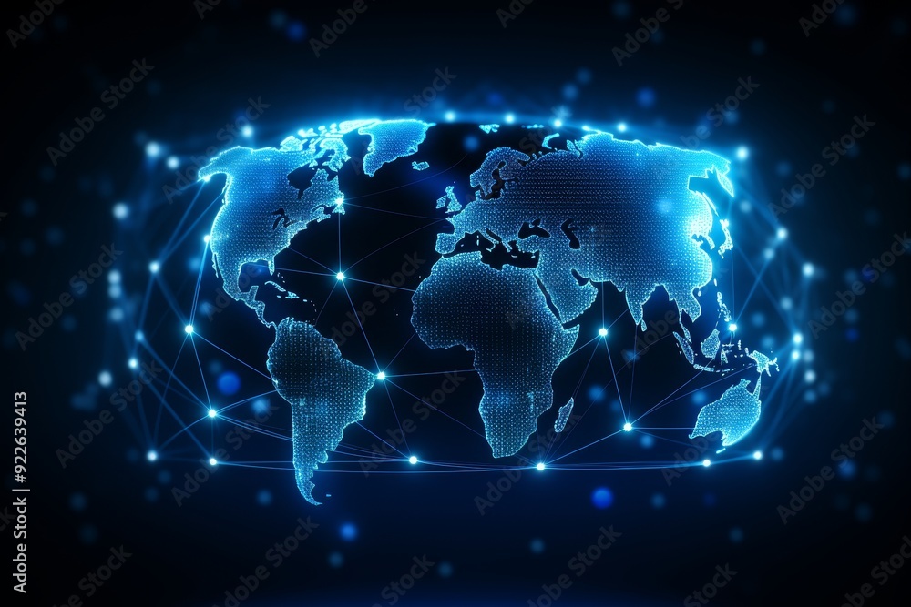 Poster world map overlay with continents interconnected for data transfer in double exposure