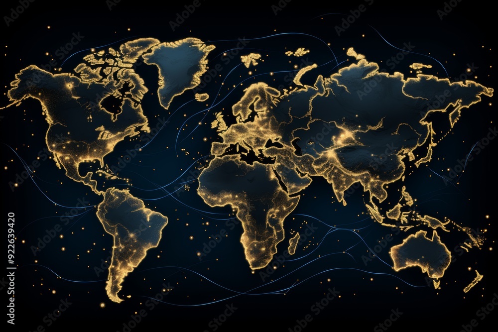 Poster Geographical map overlay with global data transfer between continents in double exposure