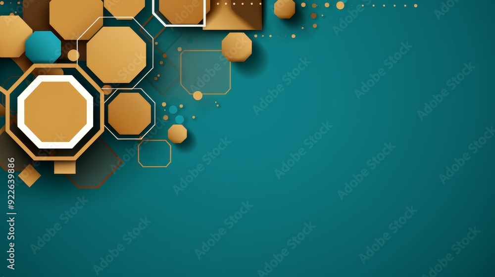 Poster abstract circuit board with hexagons and sphere, digital tech concept in turquoise and beige colors
