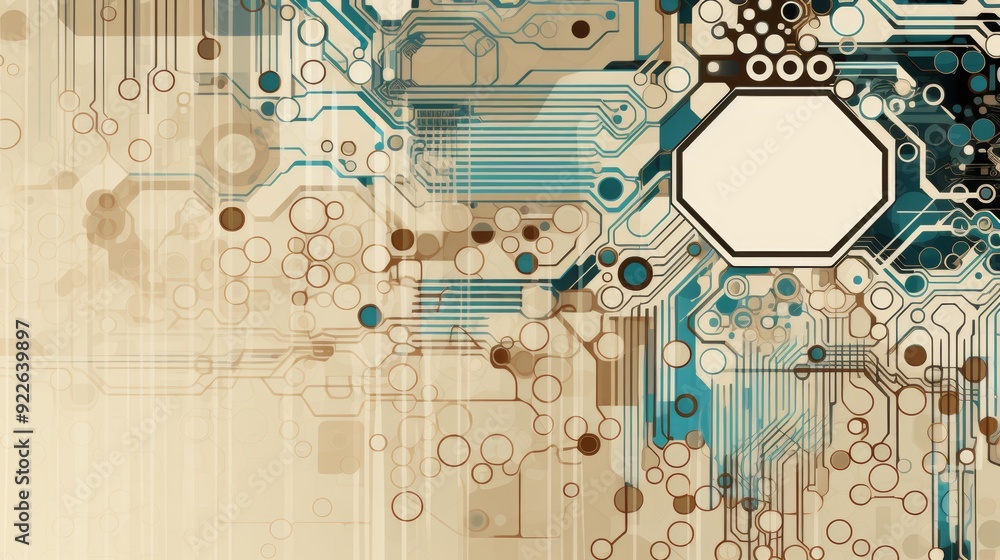 Poster abstract circuit board with hexagons and sphere in turquoise and beige hi tech digital concept