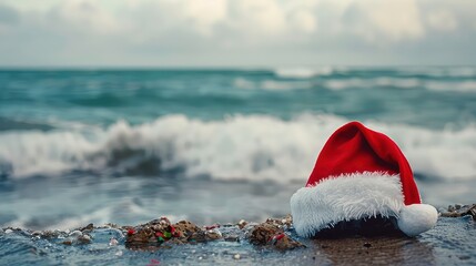A red Santa hat lies abandoned on a rocky beach, with the waves of the ocean in the background. The hat's white trim is visible, and the water is partially covering the rocks.