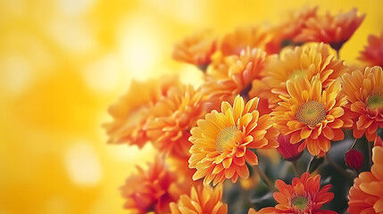 Obraz premium A bouquet of orange flowers with a yellow background. The flowers are in full bloom and the background is a bright yellow color. Concept of warmth and happiness, as the bright colors of the flowers
