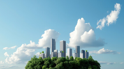 Fototapeta premium A visual representation of a modern city skyline rising from lush greenery, symbolizing the balance between urban development and environmental conservation.