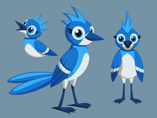 Geai bleu oiseau diverses poses dessin animé personnage vectoriel 