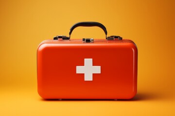 Obraz premium Vibrant ad banner featuring colorful first aid kits and medical supplies on bright background