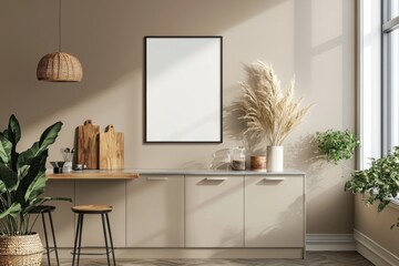 Minimalist Kitchen interior with Poster Mockup created with Generative AI